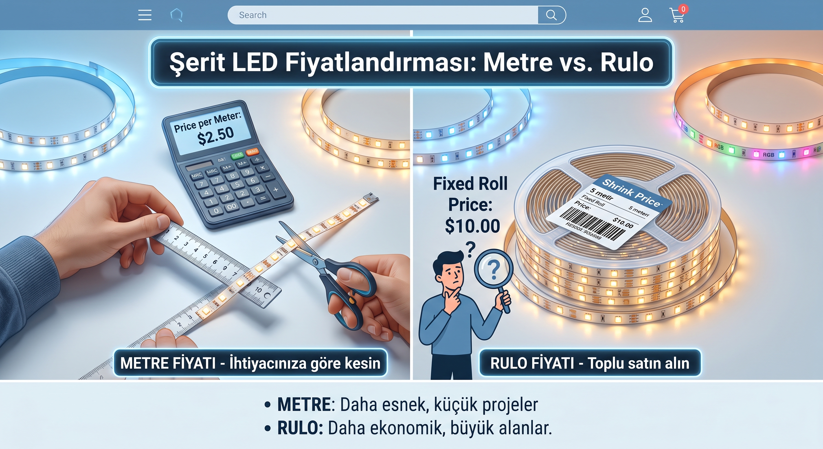 Şerit LED rulosu ve uzunluk cetveliyle metre–rulo ayrımını anlatan temsili çizim