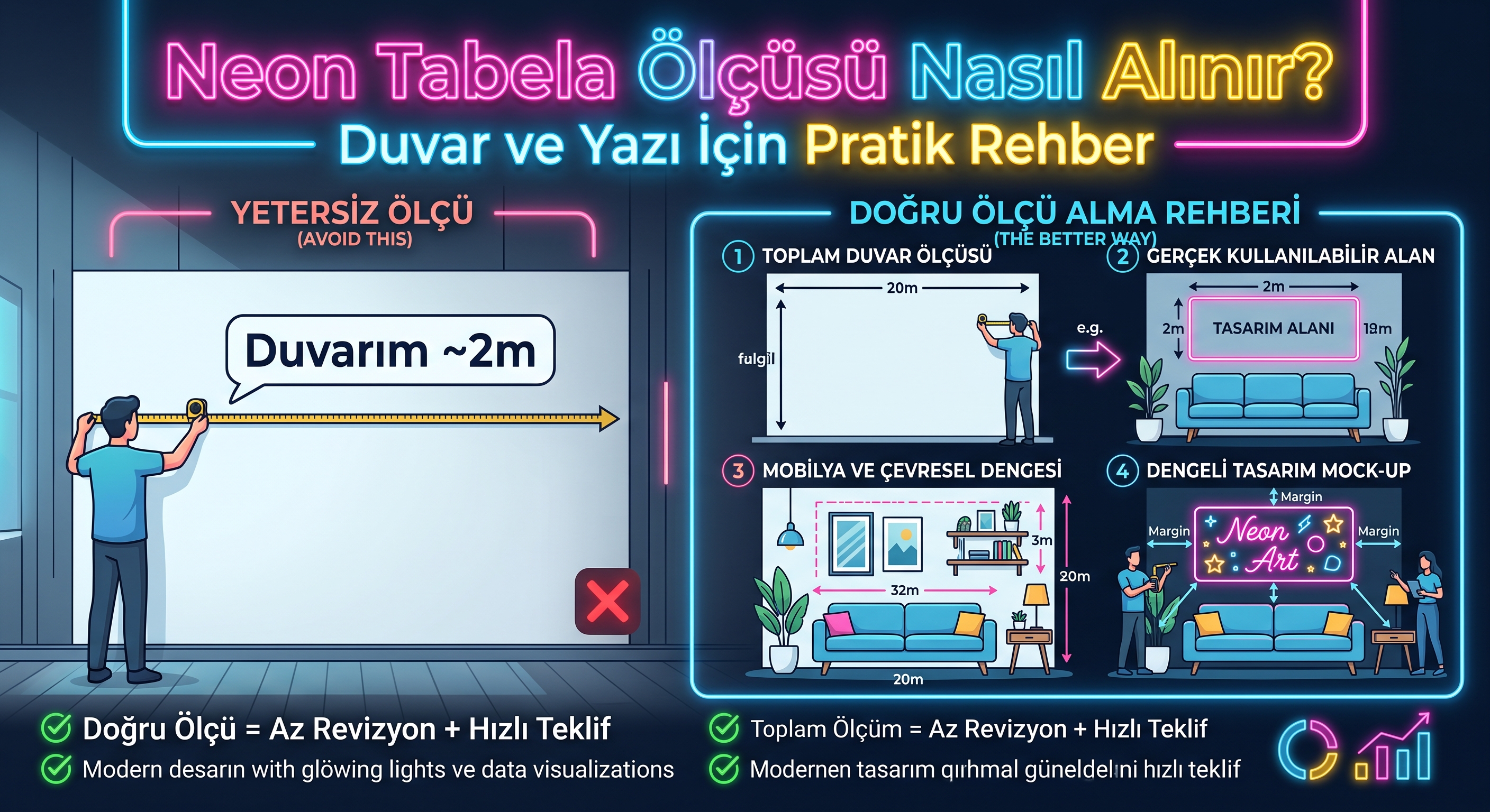 Duvar üzerinde neon yazı için genişlik ve yükseklik ölçülerini gösteren çizim
