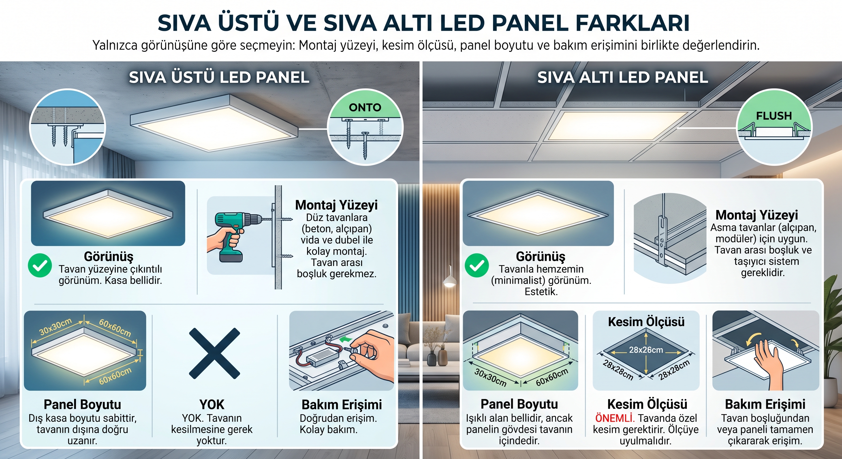 Tavanda sıva üstü ve sıva altı LED panel montaj farklarını gösteren çizim