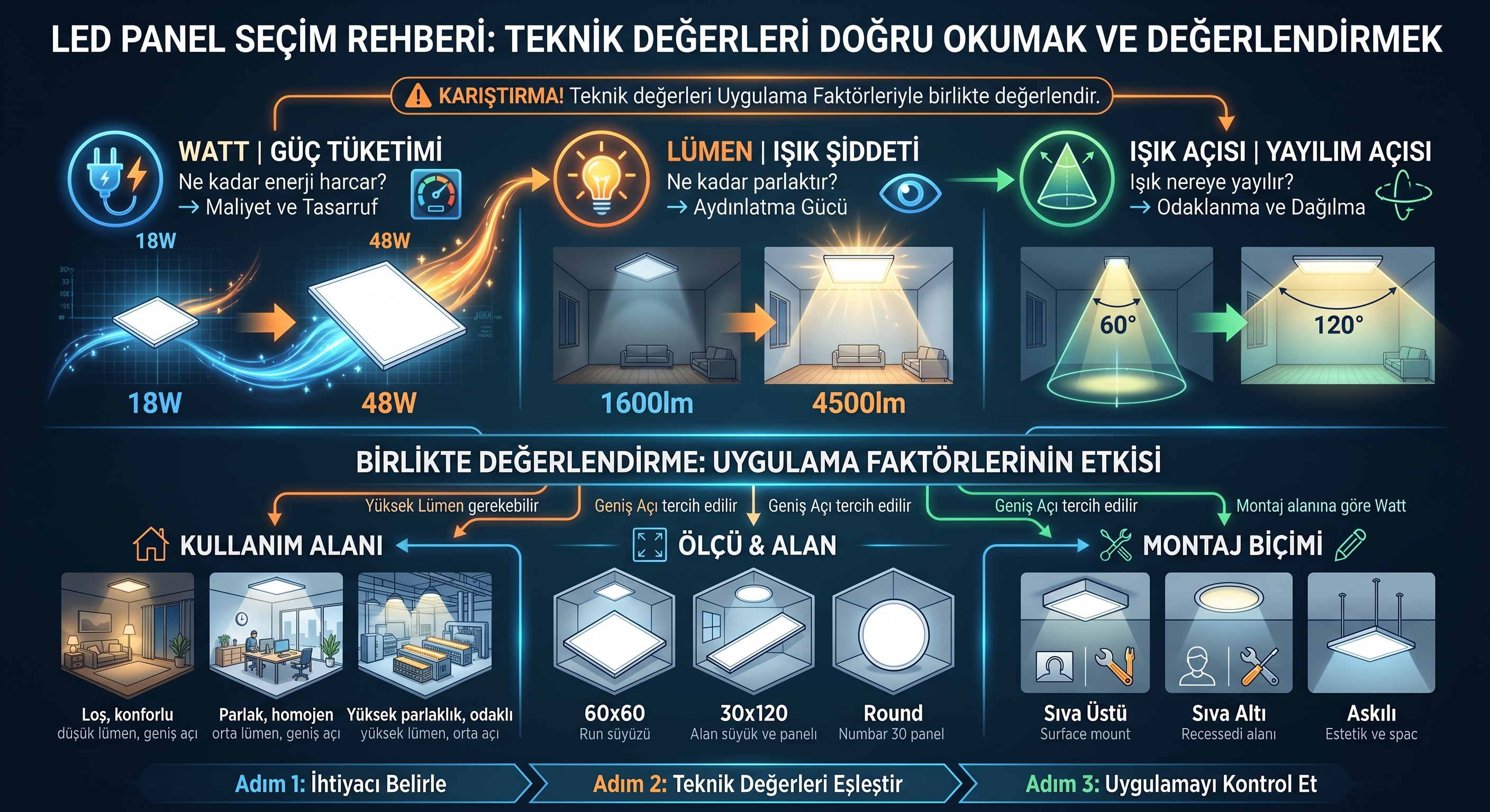 LED panel seçiminde watt, lümen ve ışık açısını anlatan teknik çizim