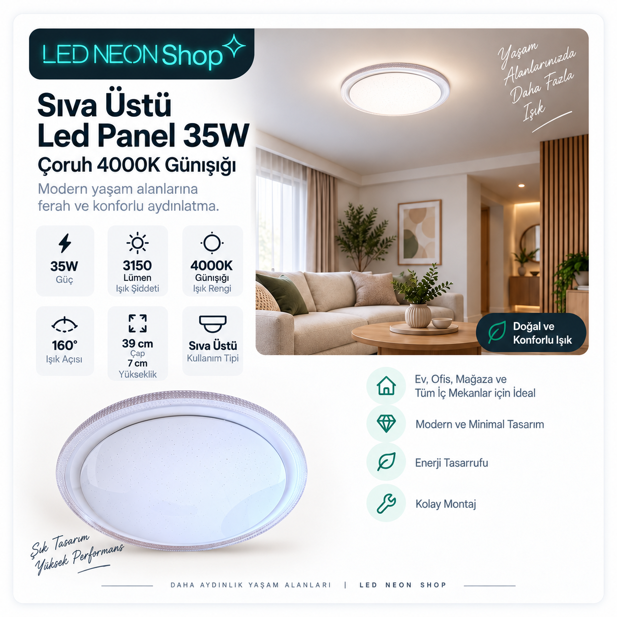 Sıva Üstü Led Panel 35W Çoruh 4000K Günışığı