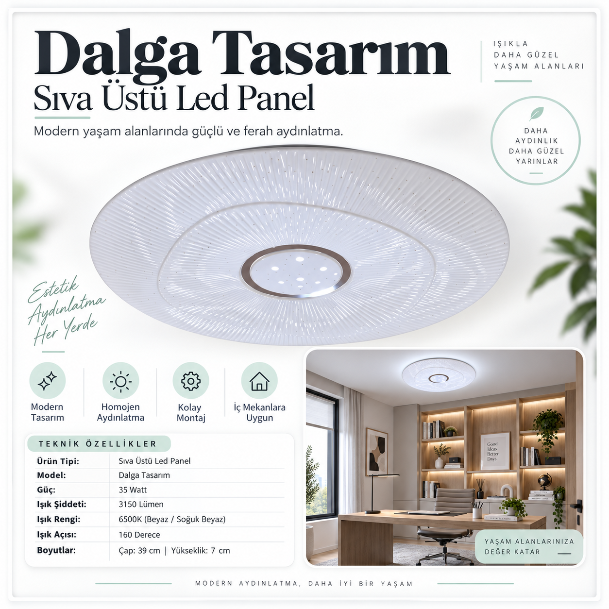 Sıva Üstü Led Panel 35W Dalga 6500K Beyaz