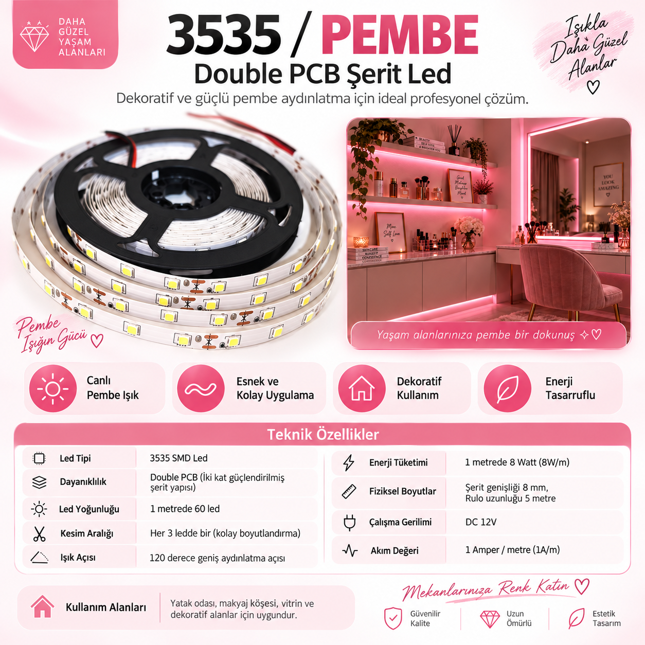 3535 Şerit Led Pembe