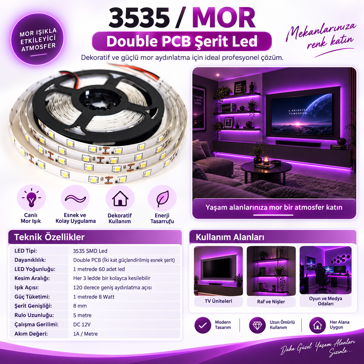 3535 Şerit Led Mor