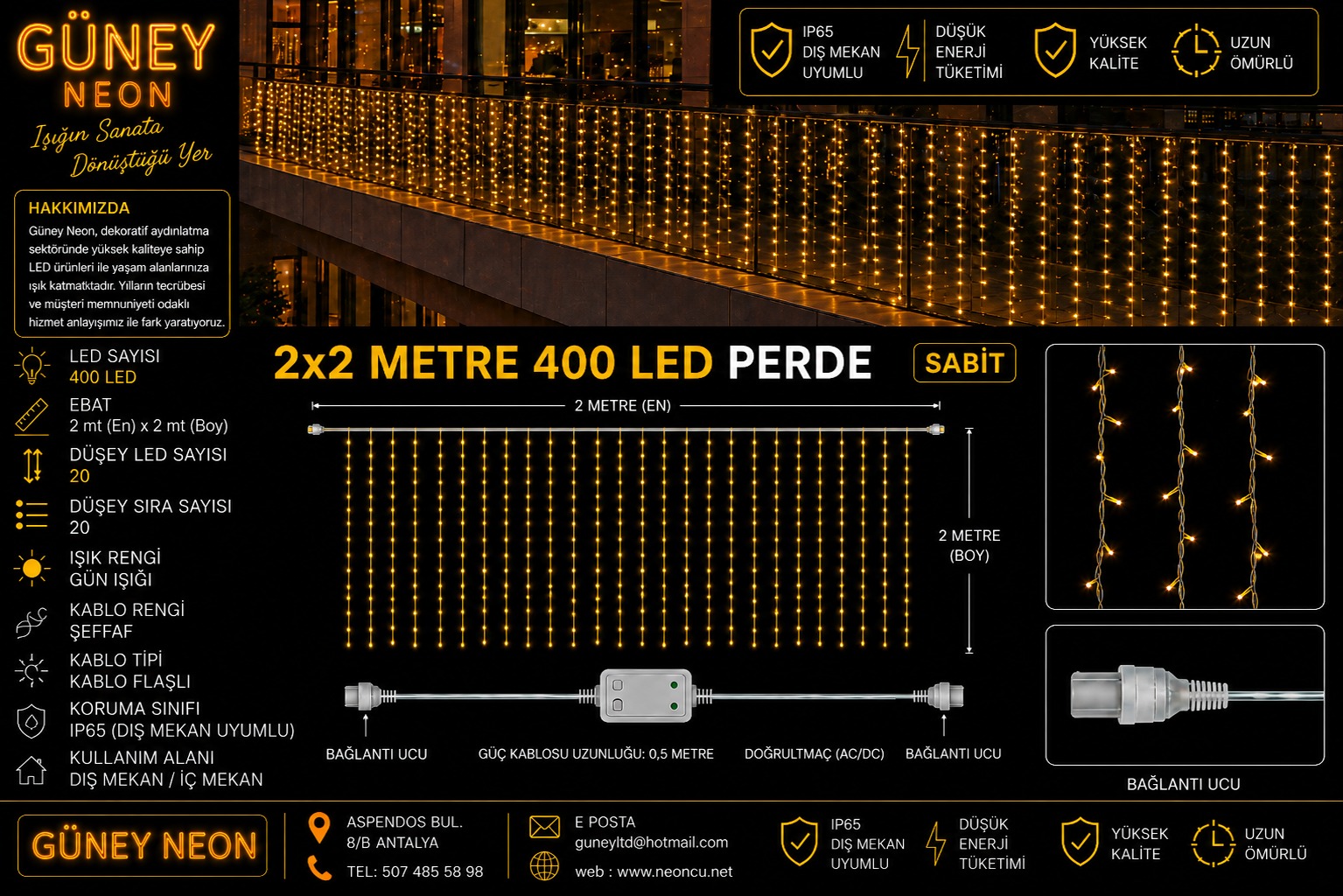 2x2 Metre 400 LED Günışığı Sabit Dış Mekân Perde